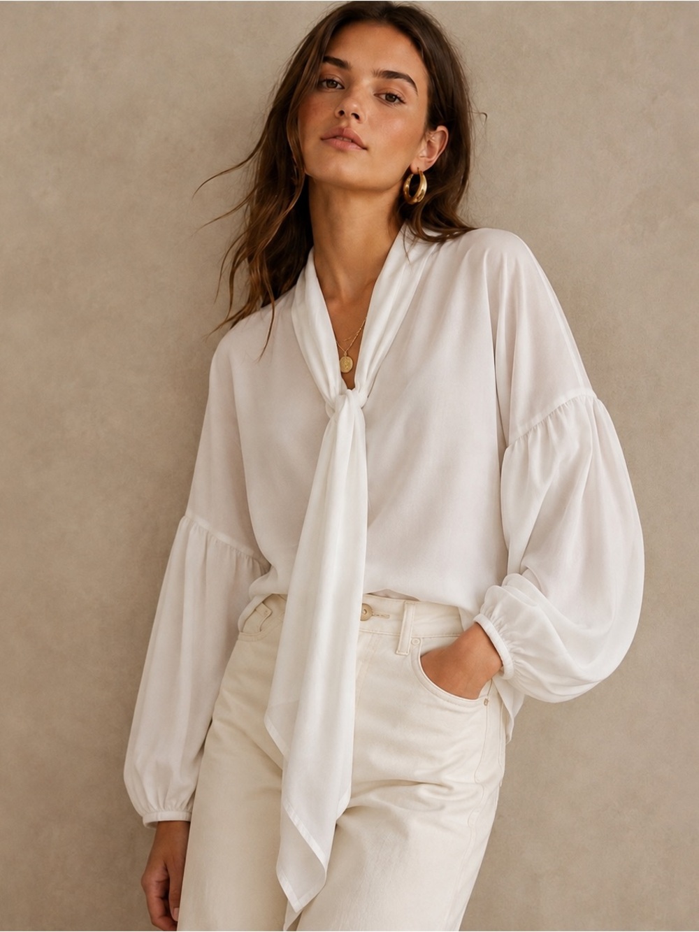 Anthropologie Mare Mare Oversized Button Down Tie Neck Blouse Size Medium White